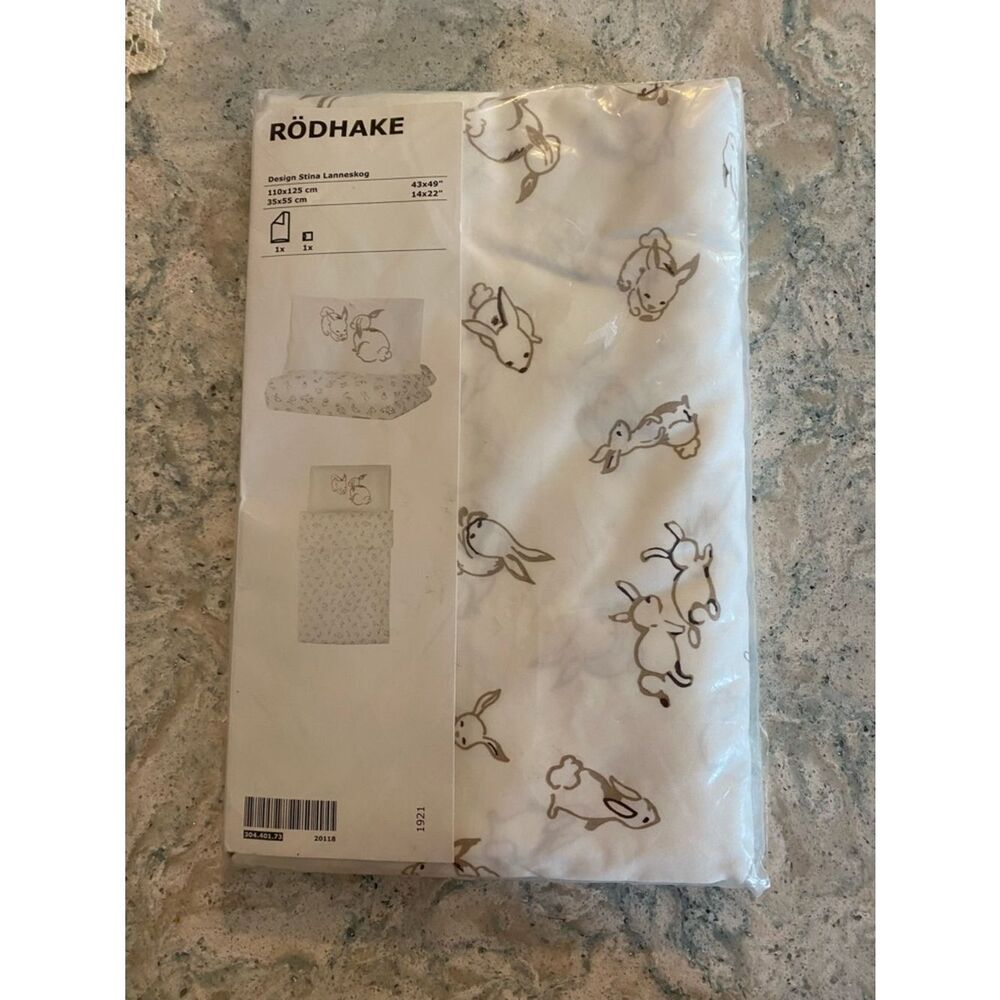 Ikea Rodhake Infant Crib Bunny Print Bedding Set - White and Tan
